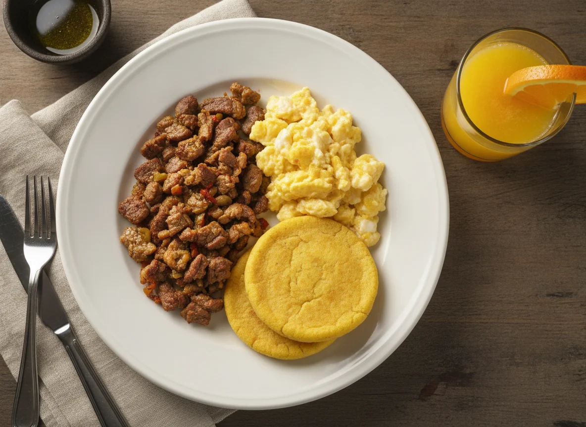 Desayuno Panameño con Bistec, Huevos, Arepa y Jugo de Naranja photo