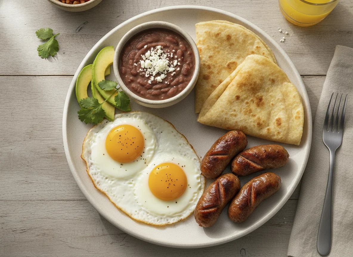 Desayuno panameño con huevos fritos, salchichas y tortilla de harina photo