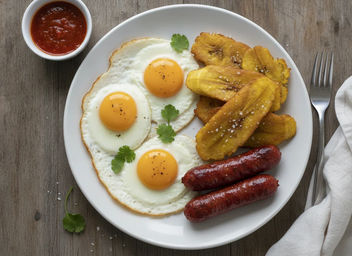 Desayuno panameño con huevos, salchicha y tostones photo