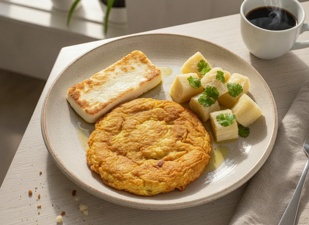 Desayuno Panameño con Tortilla de Huevo, Yuca al Moho y Queso Blanco photo