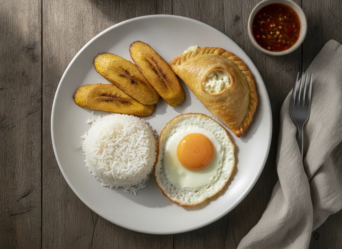 Desayuno peruano con arroz, plátano frito, huevo frito y empanada photo