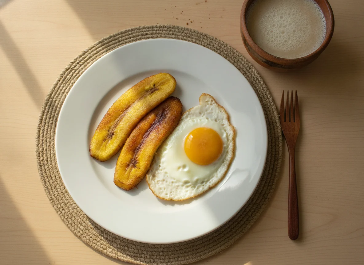 Desayuno peruano con plátano frito y huevo photo