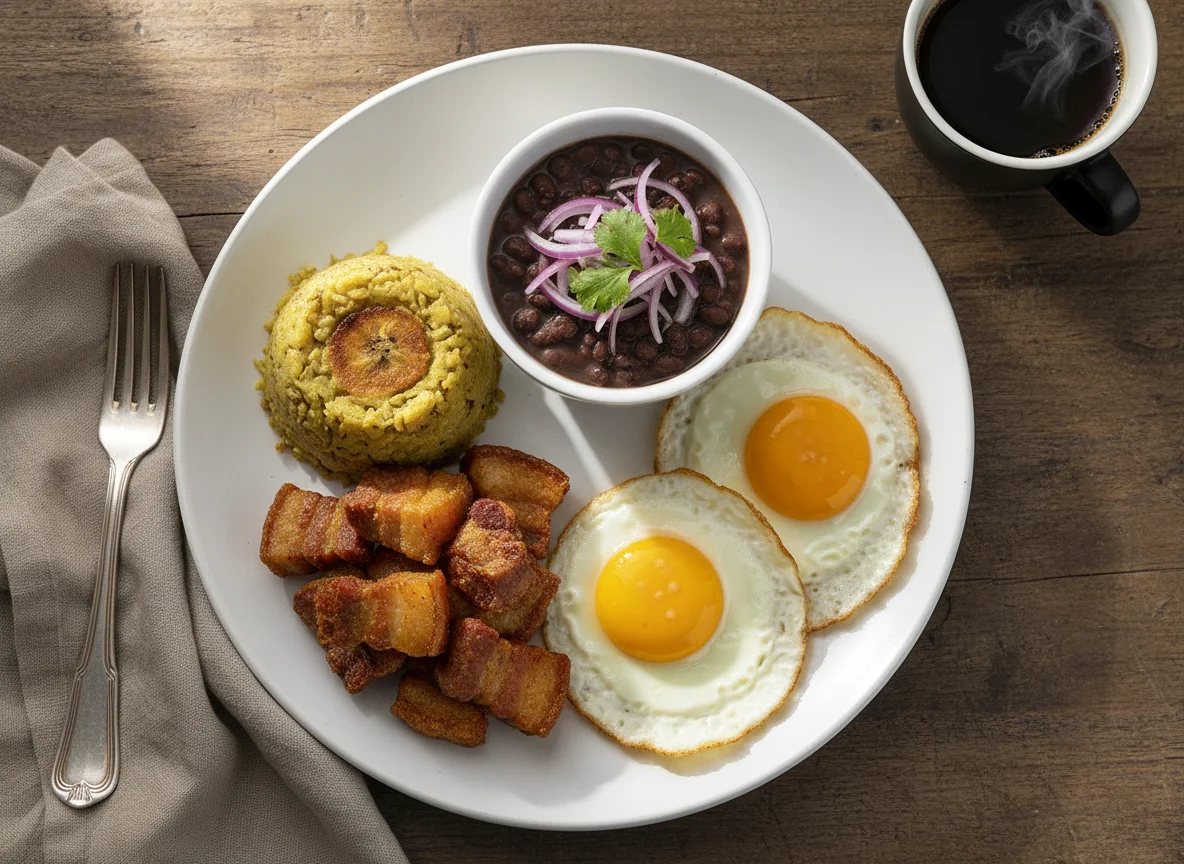 Desayuno peruano con plátano machacado, chicharrón, frijoles y huevos fritos photo