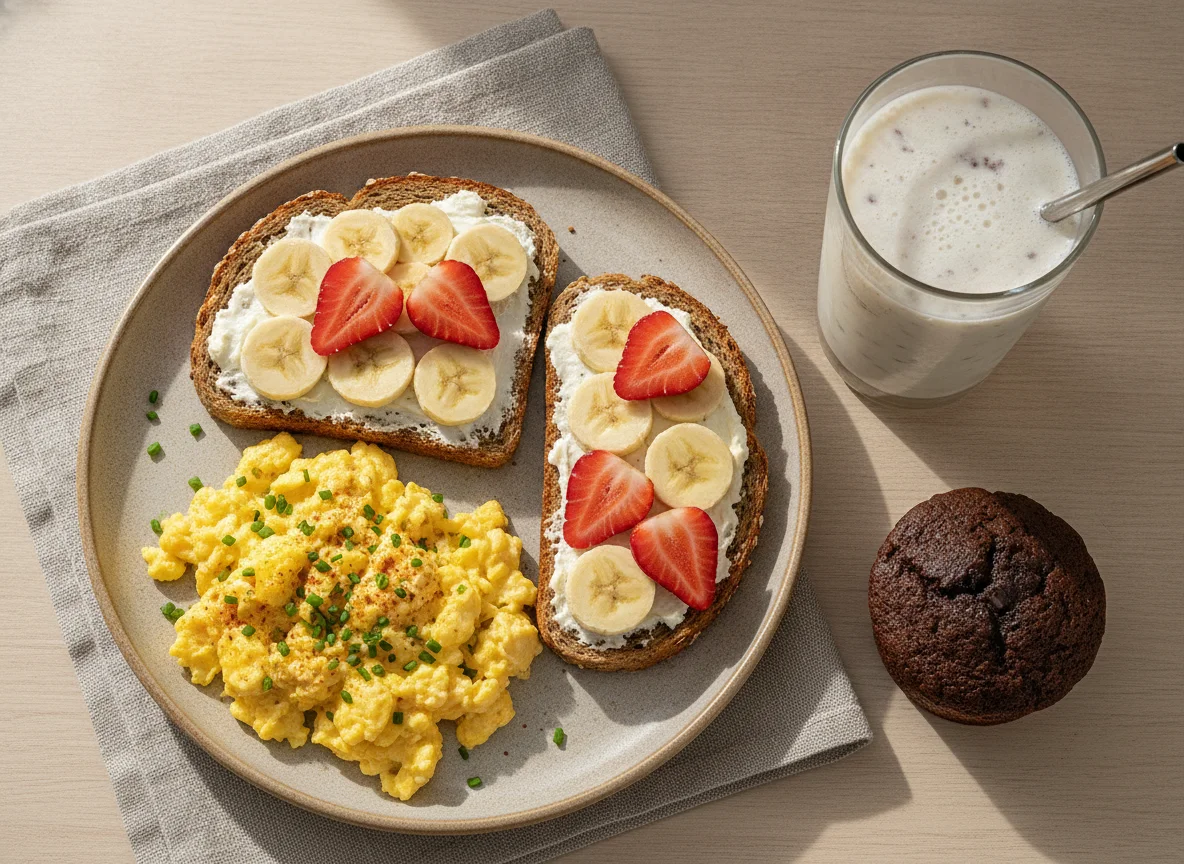 Desayuno proteico con huevos revueltos, tostada de plátano, fresas y batido photo