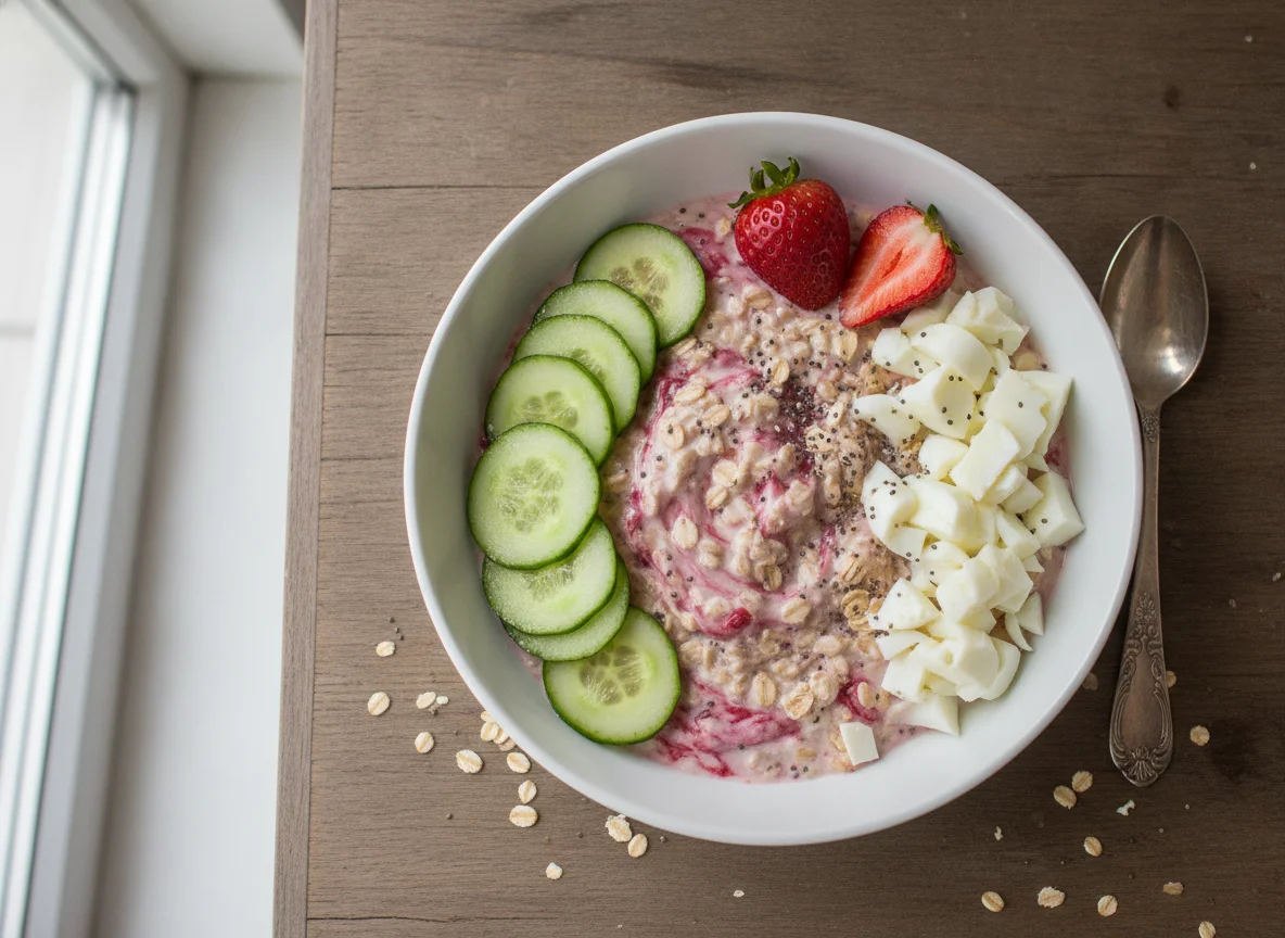 Desayuno saludable con avena, pepino y huevo photo