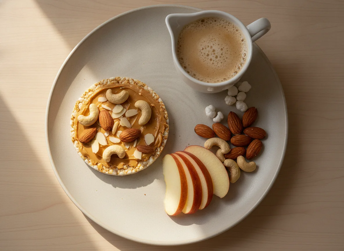 Desayuno saludable con frutos secos, manzana y tostada de arroz photo