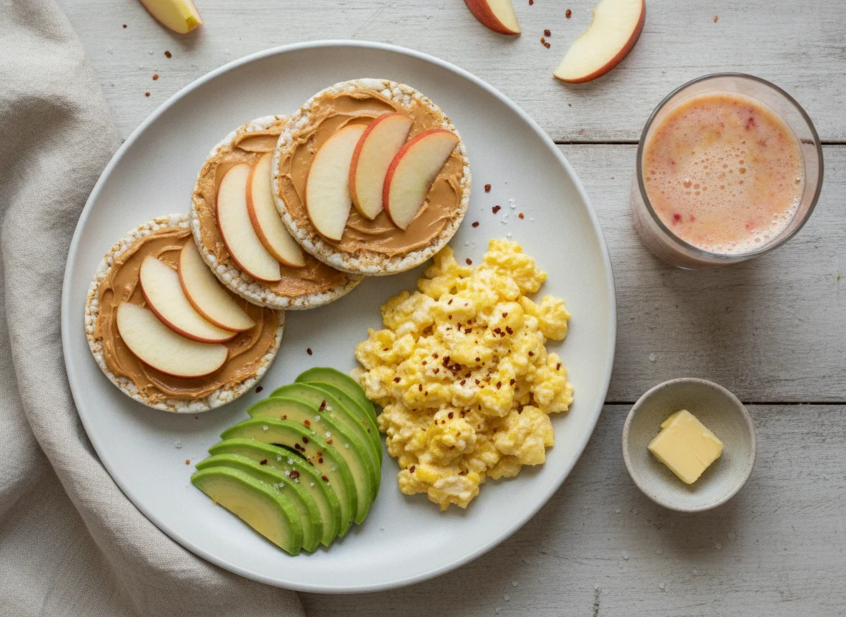 Desayuno saludable con galletas de arroz y licuado photo