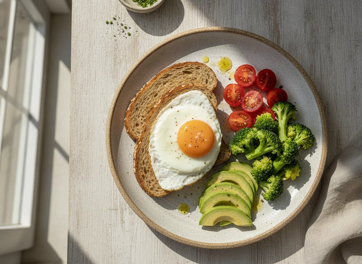 Desayuno saludable con huevo, aguacate y vegetales photo