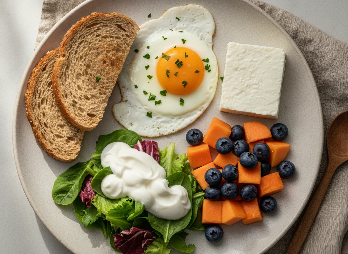 Desayuno saludable con huevo, queso y fruta photo
