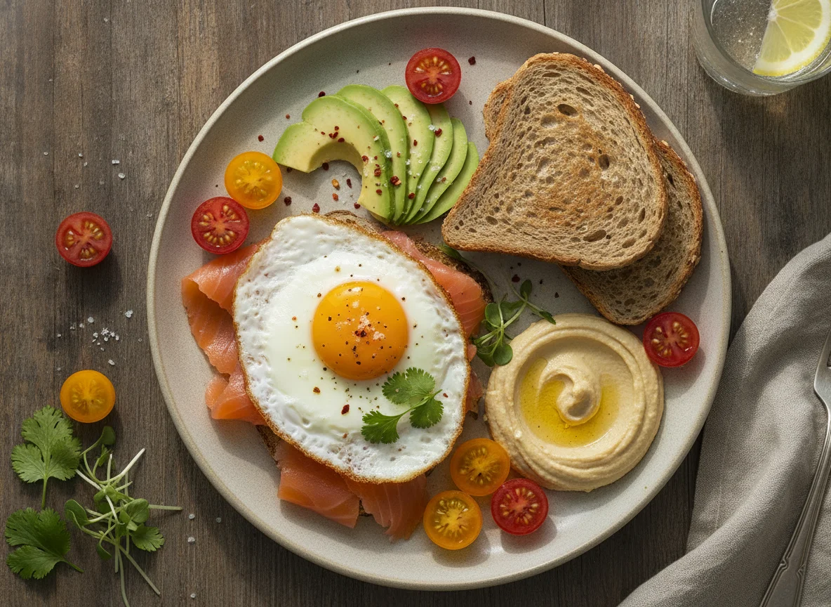 Desayuno saludable con huevo, salmón y aguacate photo