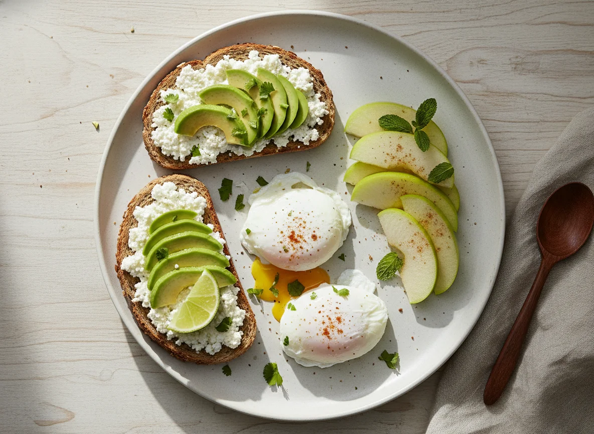 Desayuno saludable con huevos escalfados, tostadas de centeno y aguacate photo