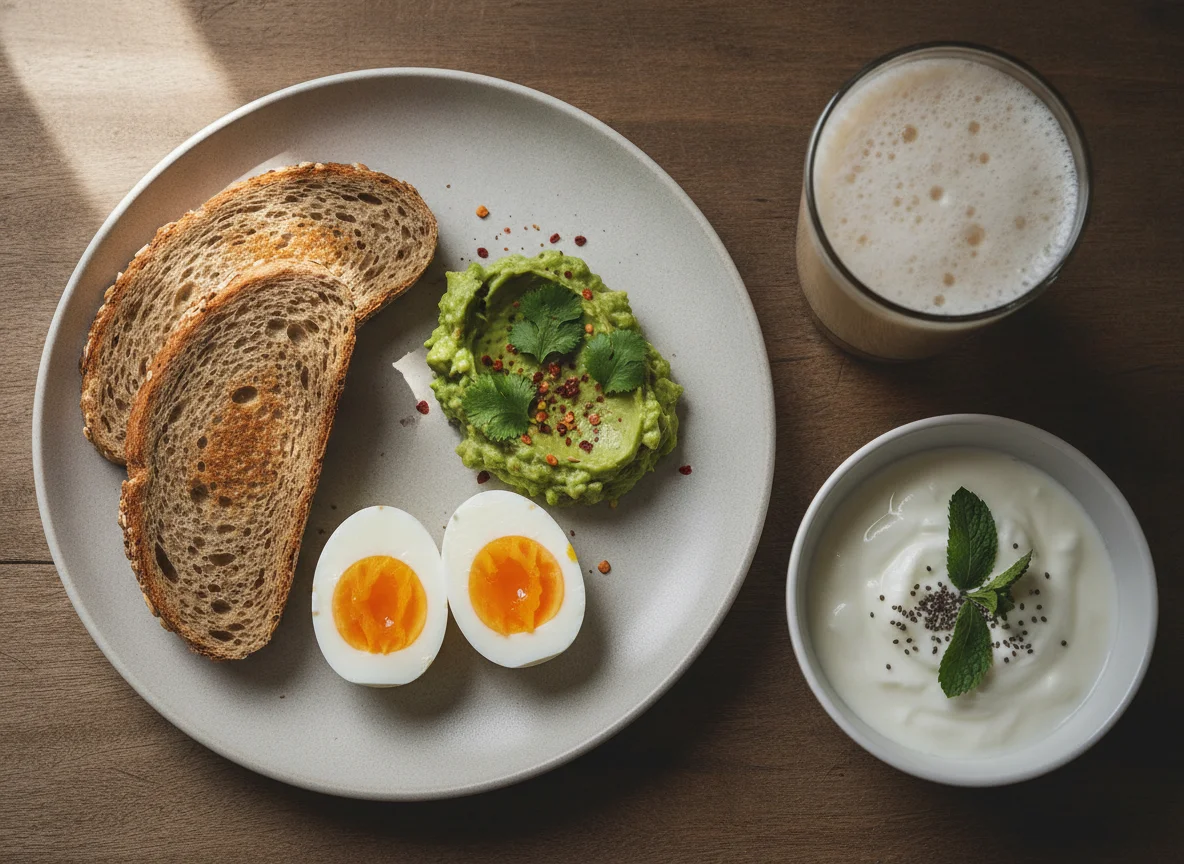 Desayuno saludable con huevos, palta y pan integral photo