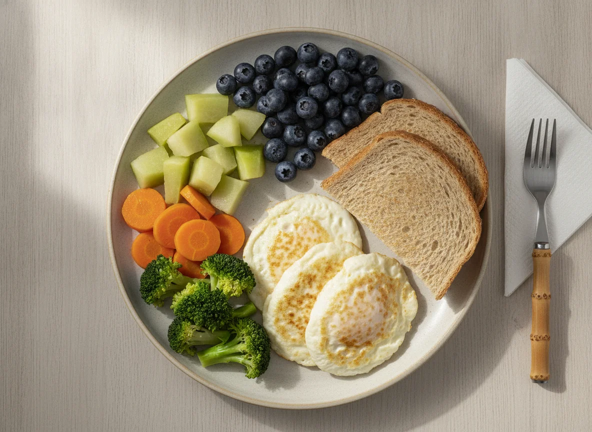 Desayuno saludable con huevos, pan integral, vegetales y arándanos photo