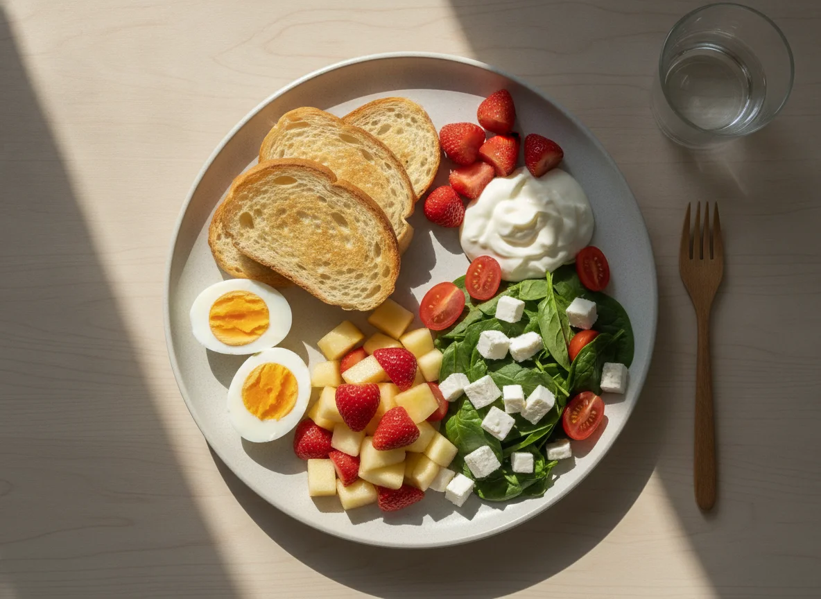Desayuno saludable con huevos, pan y ensalada de frutas photo