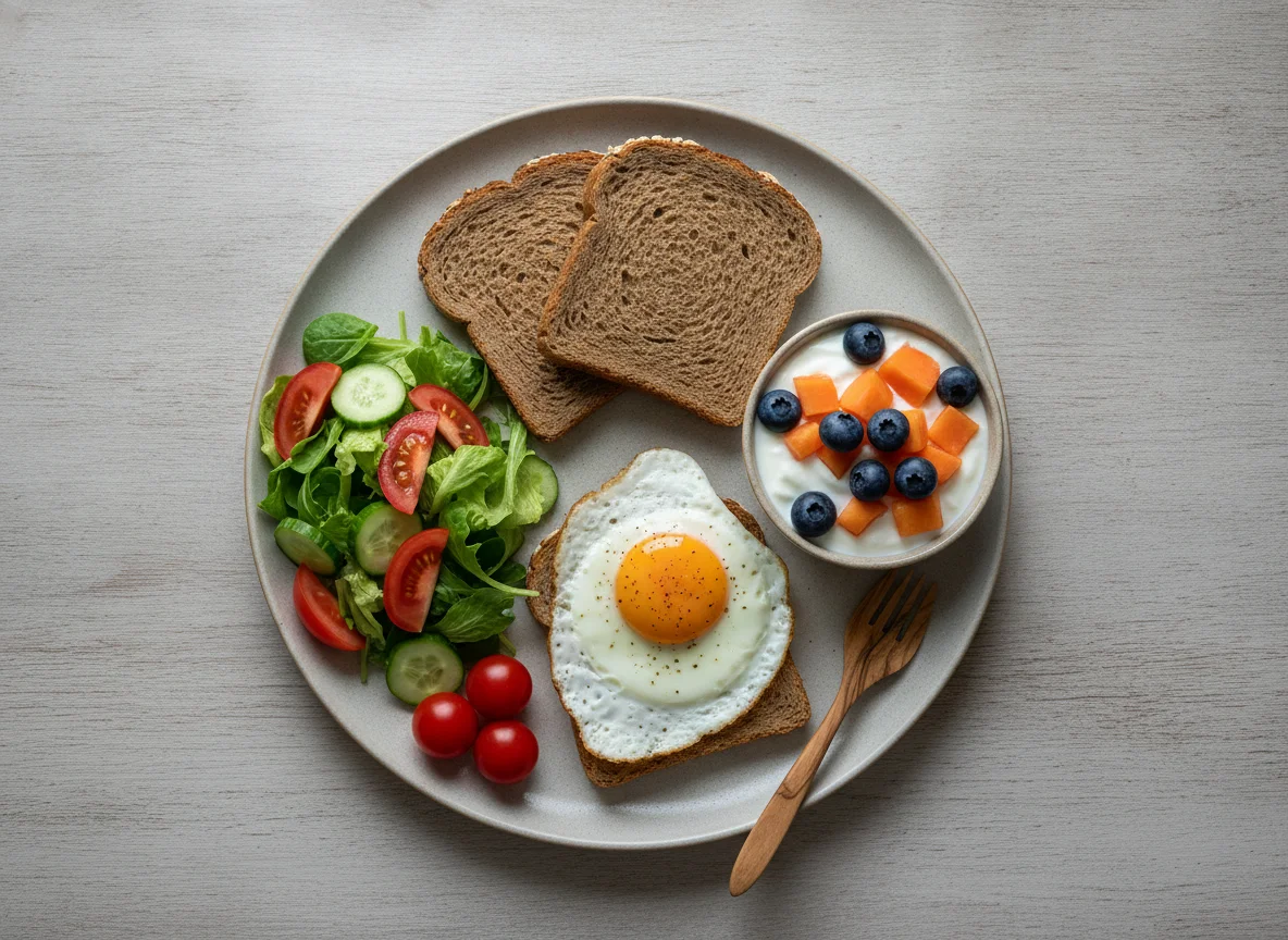 Desayuno saludable con pan integral, huevo y fruta photo