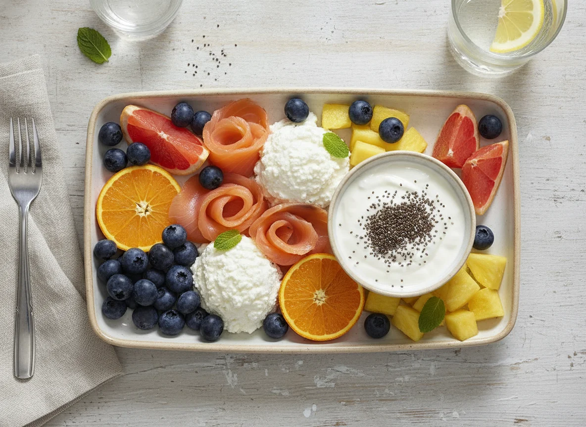 Desayuno saludable con salmón, frutas y yogur photo