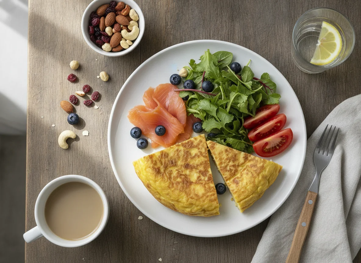 Desayuno saludable con tortilla, salmón ahumado y frutos secos photo