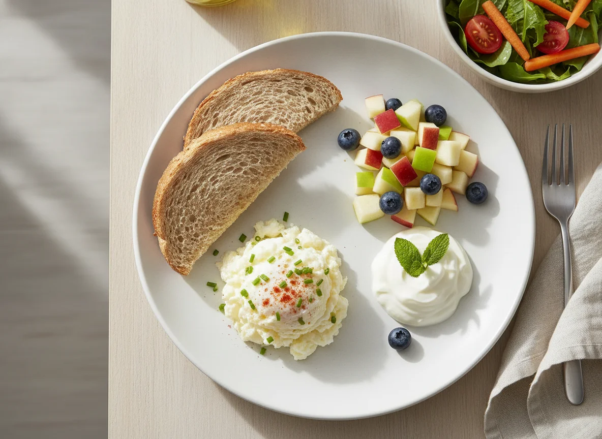 Desayuno saludable con tostadas, claras de huevo y ensalada de frutas photo