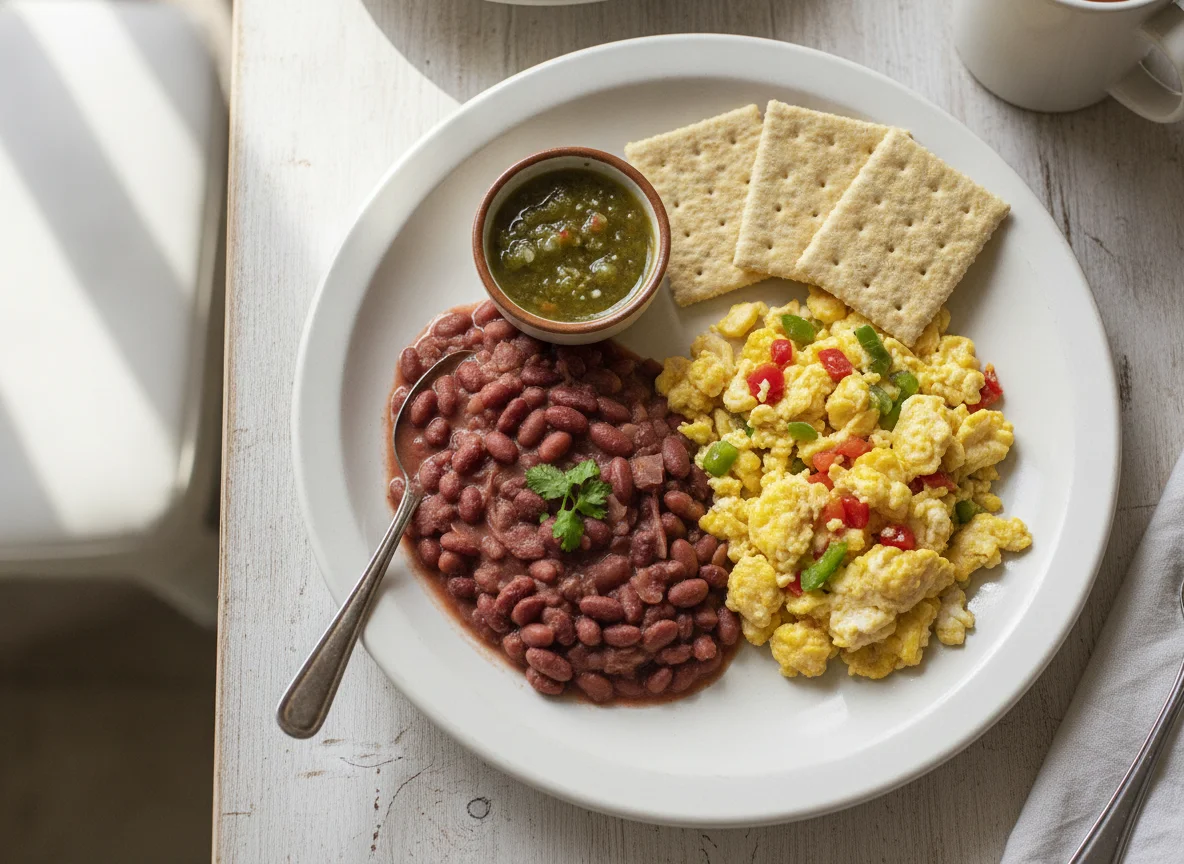 Desayuno salvadoreño con frijoles, huevos revueltos y galletas saladas photo