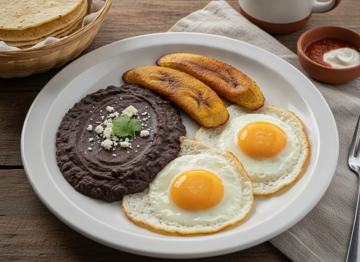Desayuno salvadoreño con frijoles, huevos y plátano frito photo