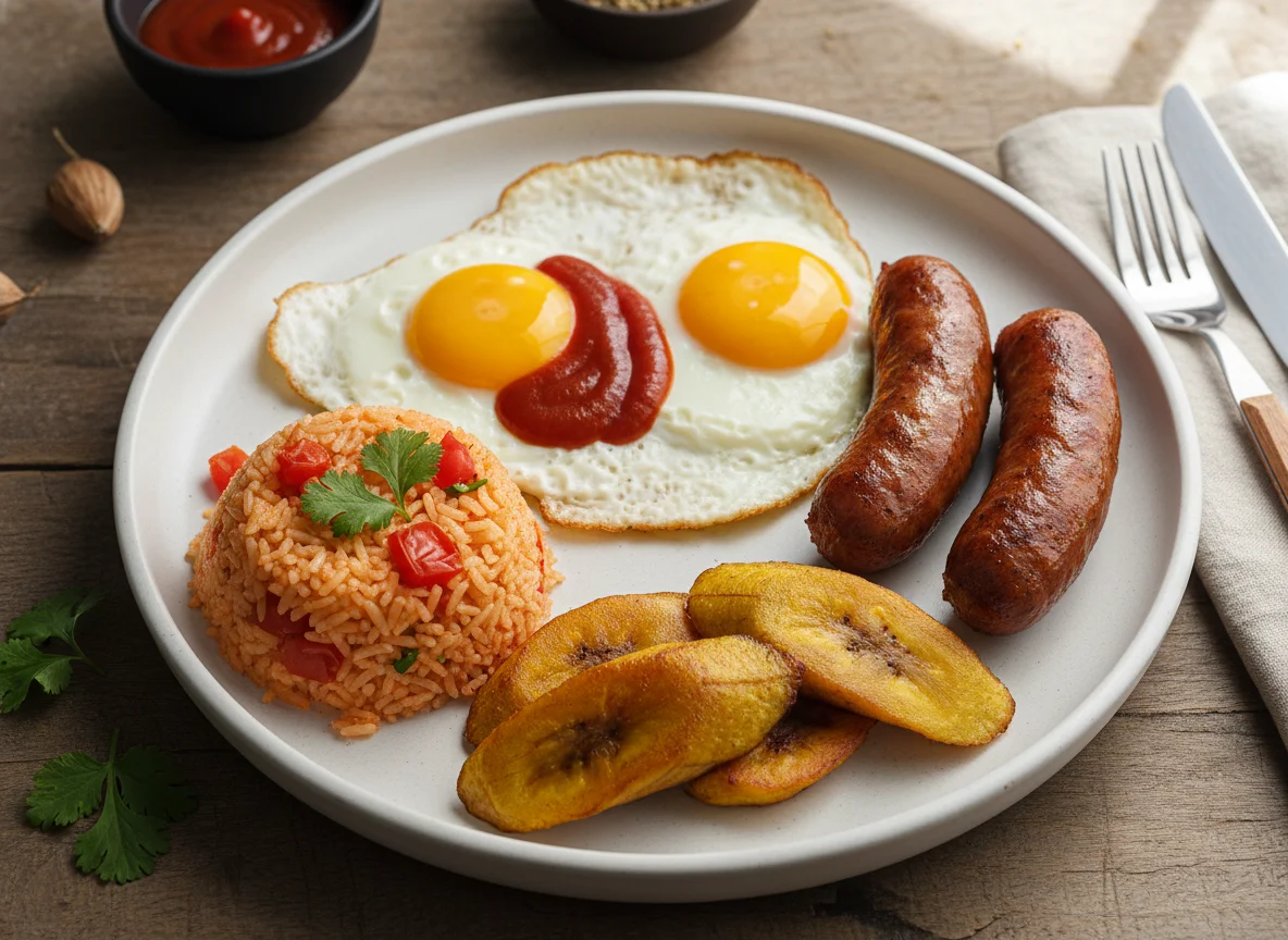 Desayuno salvadoreño con huevo, arroz, salchicha y plátano frito photo