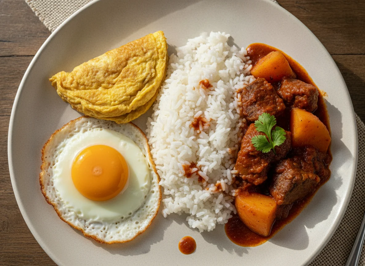 Desayuno salvadoreño con huevos, arroz y carne guisada photo