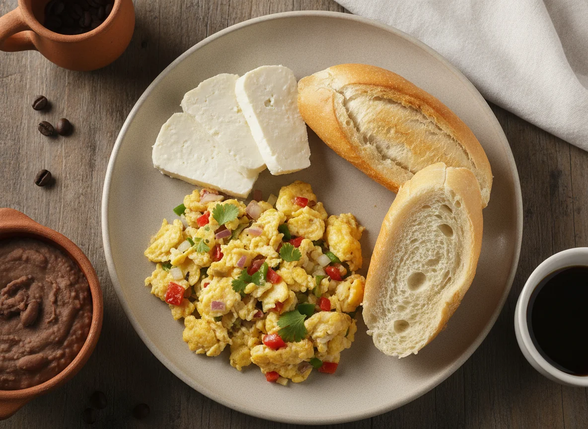 Desayuno salvadoreño con huevos revueltos, queso fresco y pan francés photo