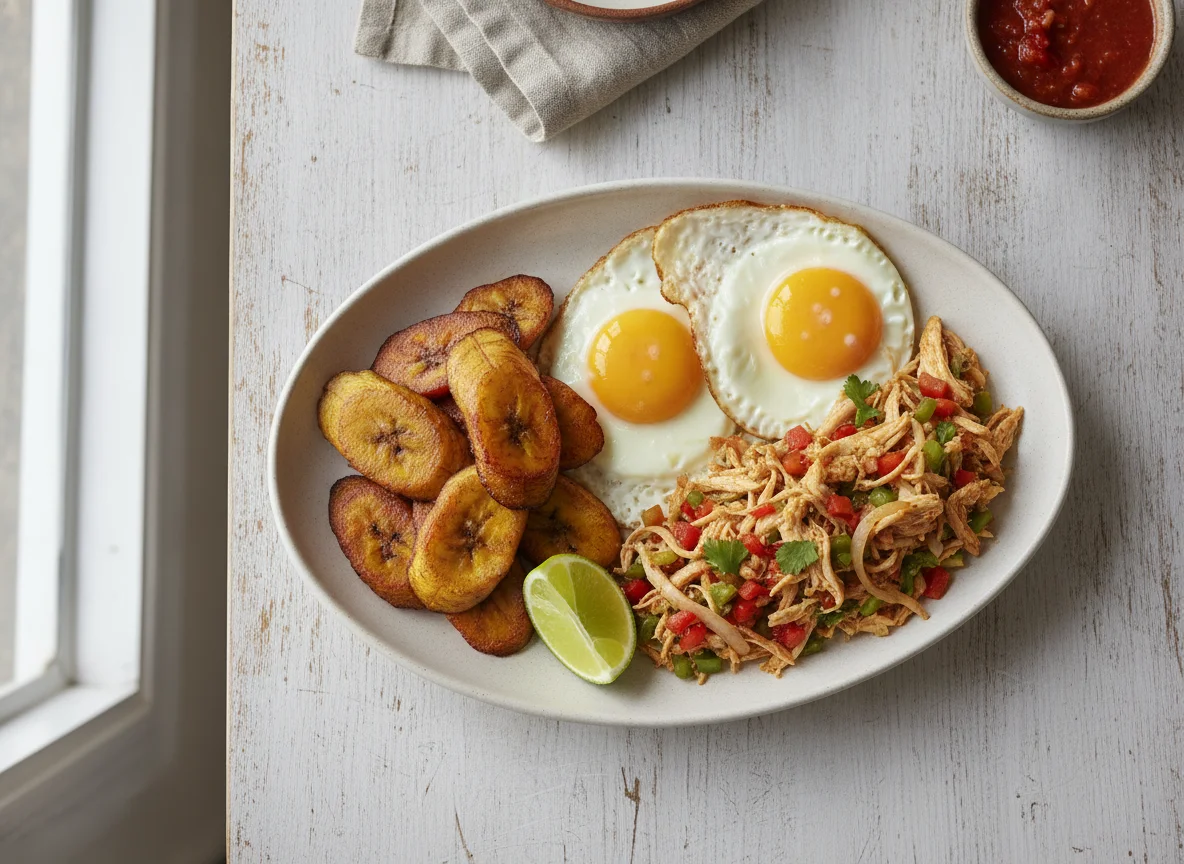 Desayuno salvadoreño con plátano frito, huevo y pollo desmenuzado photo