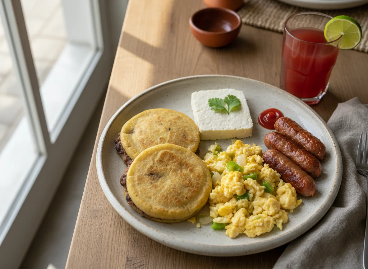 Desayuno salvadoreño con pupusas y huevos revueltos photo