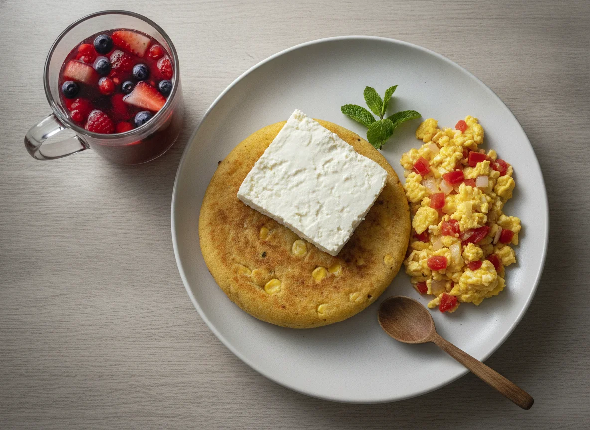 Desayuno típico colombiano con arepa de choclo y huevos pericos photo