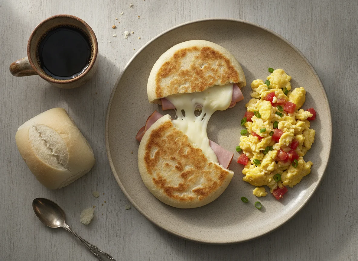 Desayuno típico colombiano con arepa, huevos pericos y pan photo