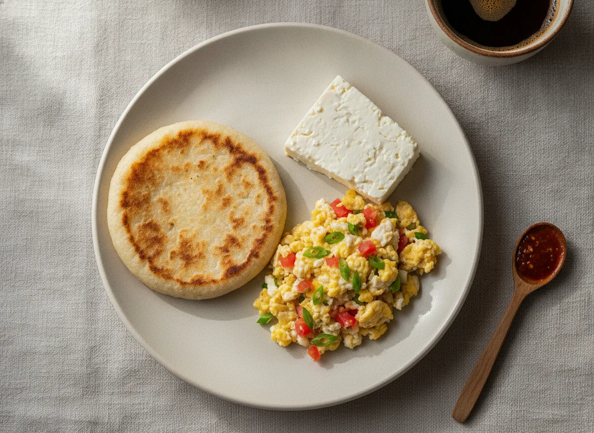 Desayuno típico colombiano con arepa, huevos pericos y queso photo