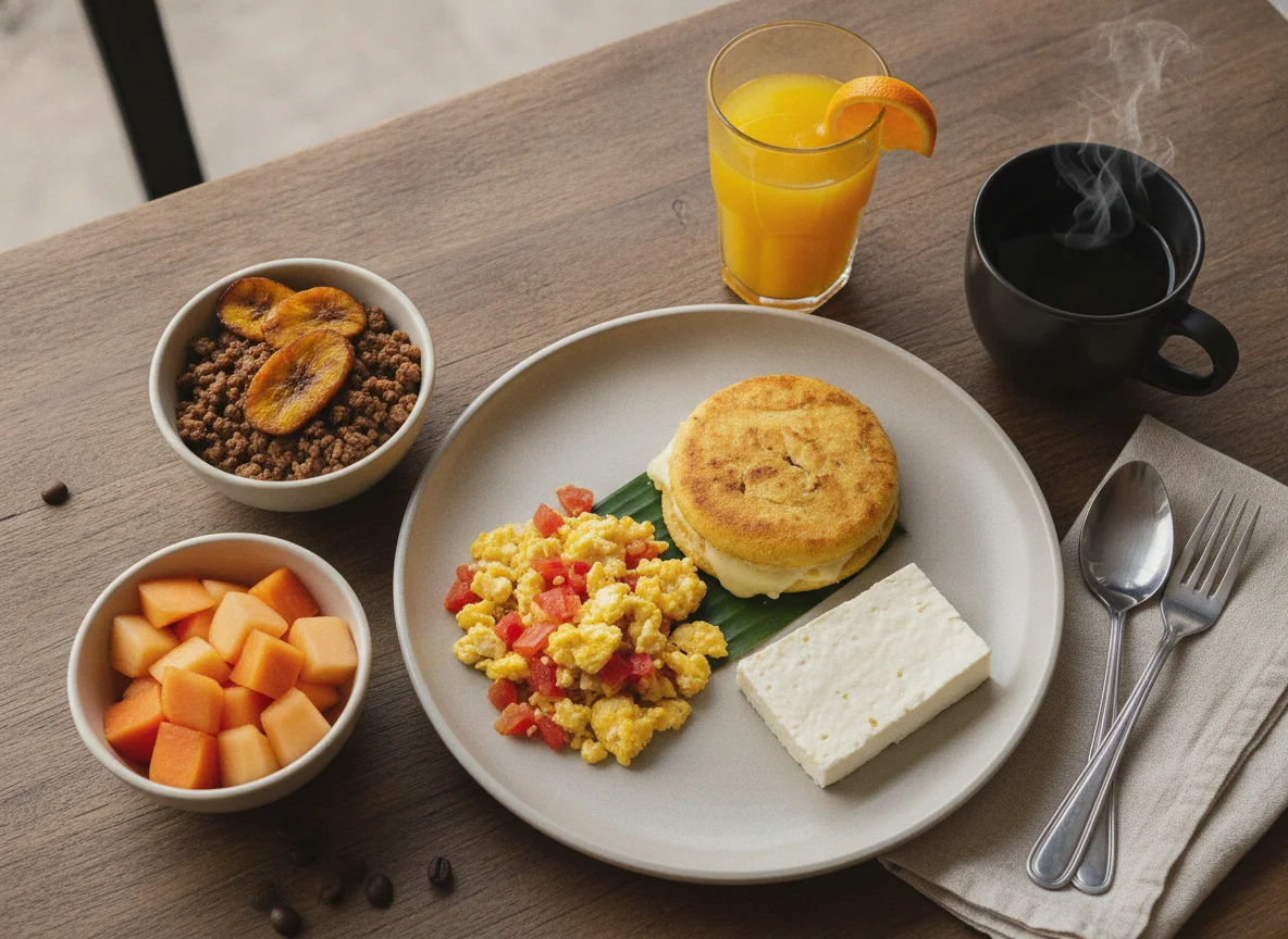 Desayuno típico colombiano con huevos pericos, arepas, queso y fruta photo