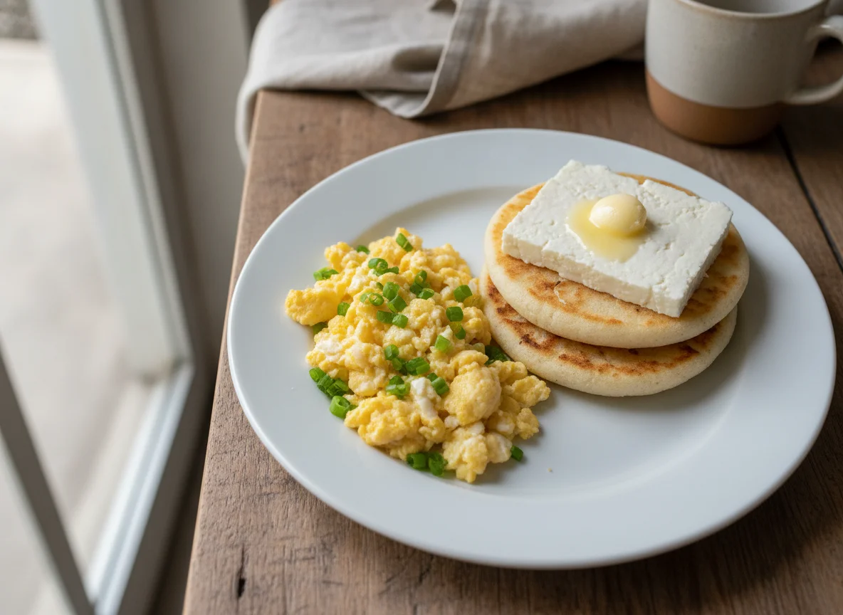 Desayuno típico colombiano con huevos revueltos, arepa y queso photo