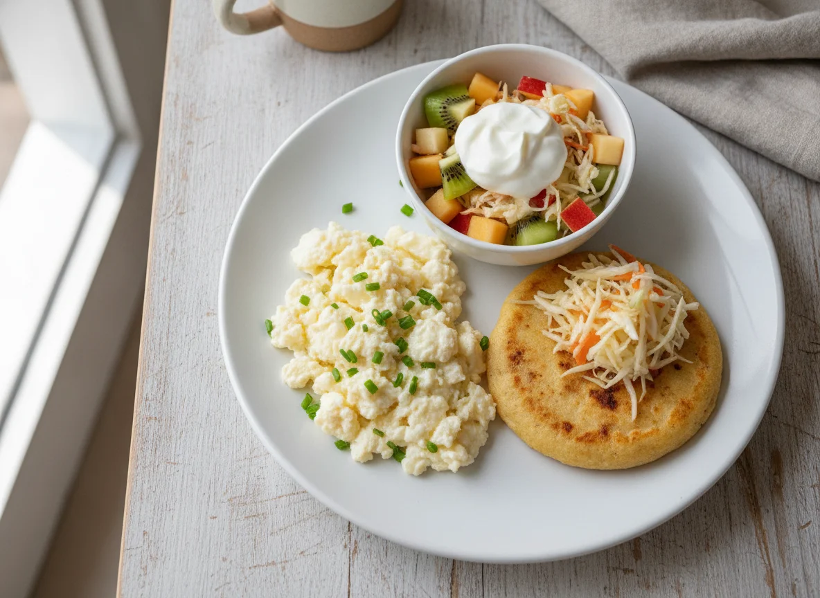 Desayuno típico con claras de huevo, pupusa y ensalada de frutas photo