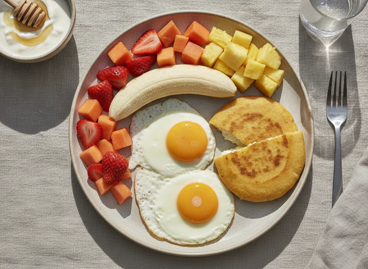 Desayuno típico con frutas, huevos y pupusa photo