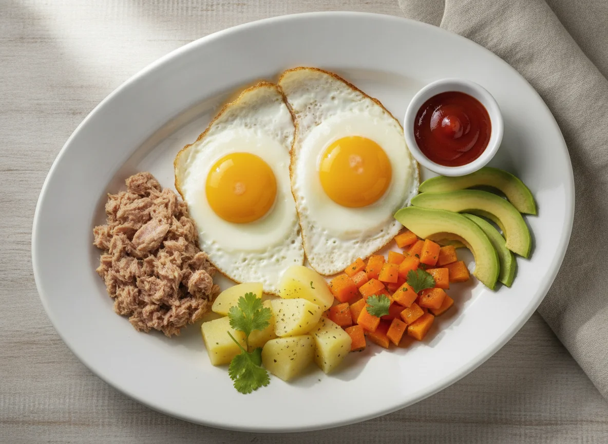 Desayuno típico con huevos, atún y vegetales photo