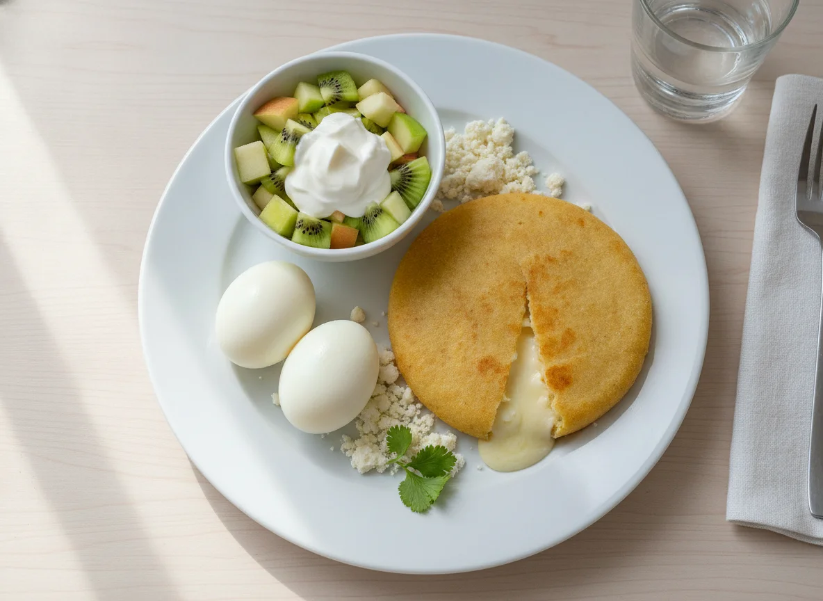 Desayuno típico con huevos cocidos, ensalada de frutas y pupusa photo