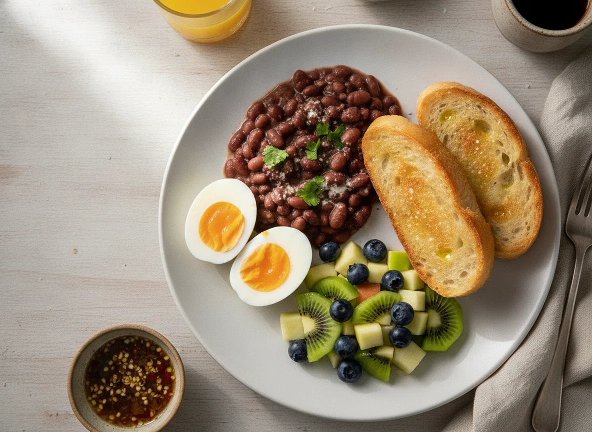 Desayuno típico con huevos, frijoles, pan y ensalada de frutas photo