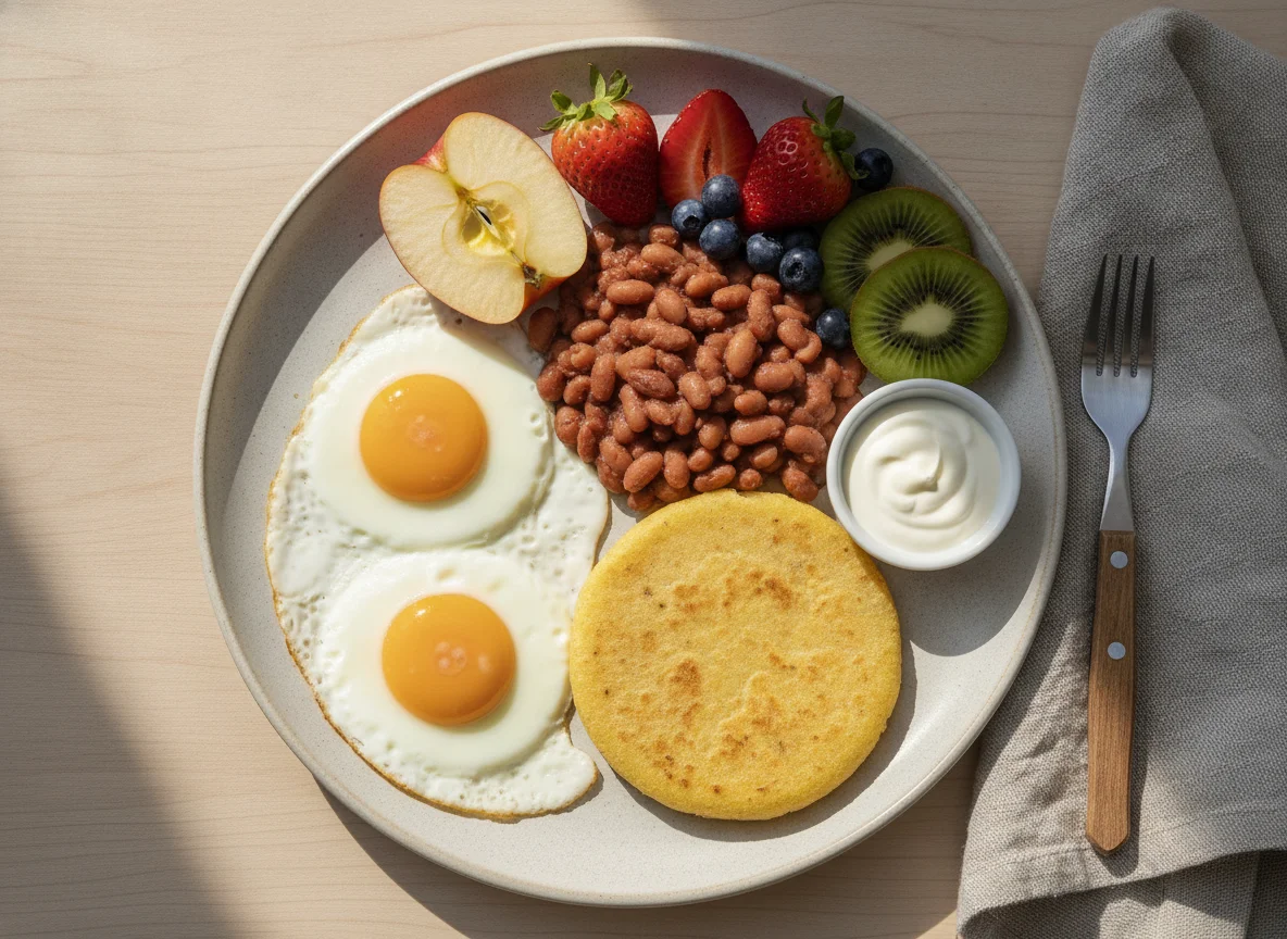 Desayuno típico con huevos, frijoles, pupusa y fruta photo