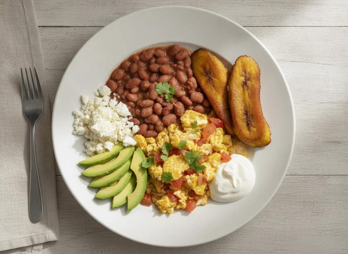Desayuno típico con huevos, frijoles y plátano photo
