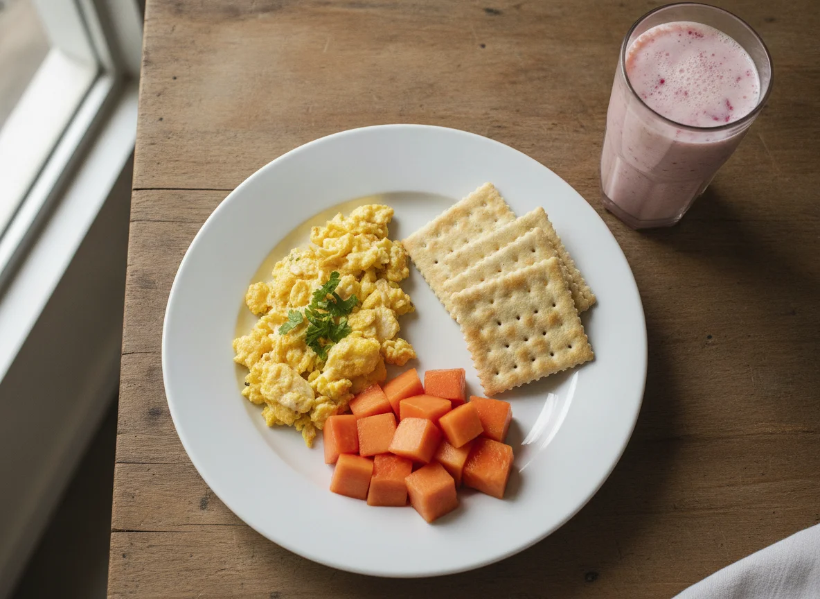Desayuno típico con huevos, galletas de soda, papaya y batido photo