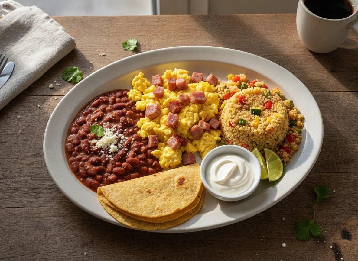 Desayuno típico con huevos, jamón, frijoles y cuscús photo