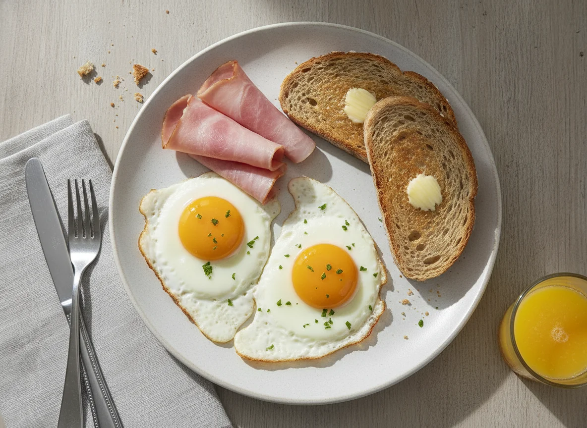 Desayuno típico con huevos, jamón y pan tostado photo