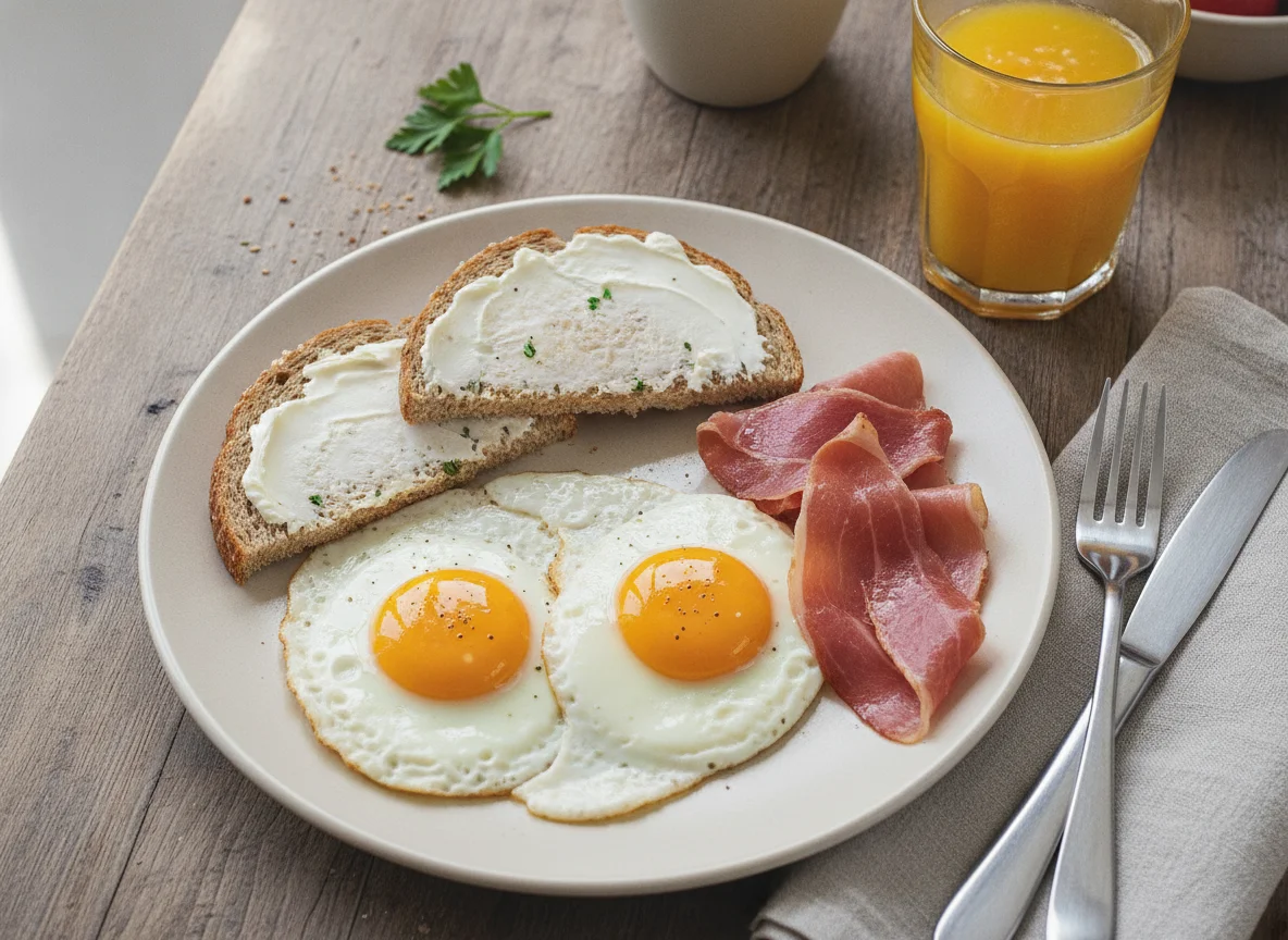 Desayuno típico con huevos, jamón y tostada photo