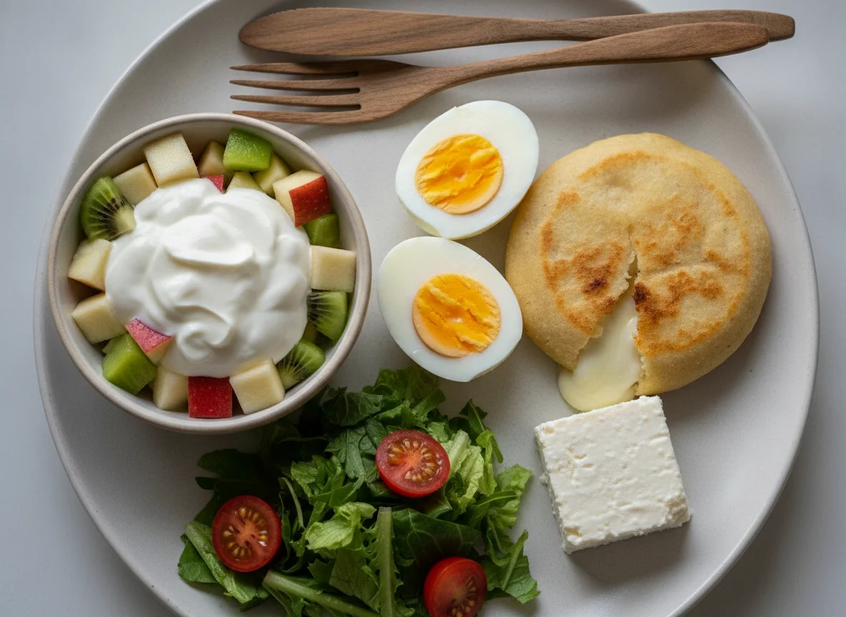 Desayuno típico con huevos, pupusa y ensalada de frutas photo