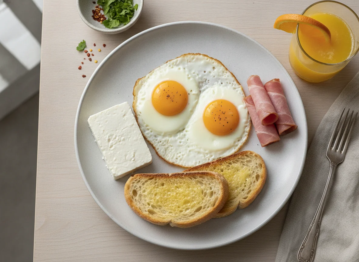 Desayuno típico con huevos, queso, jamón, pan y jugo photo