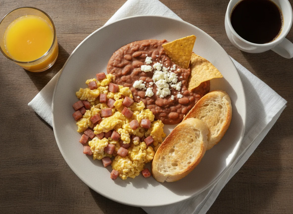Desayuno típico con huevos revueltos con jamón, frijoles y pan photo