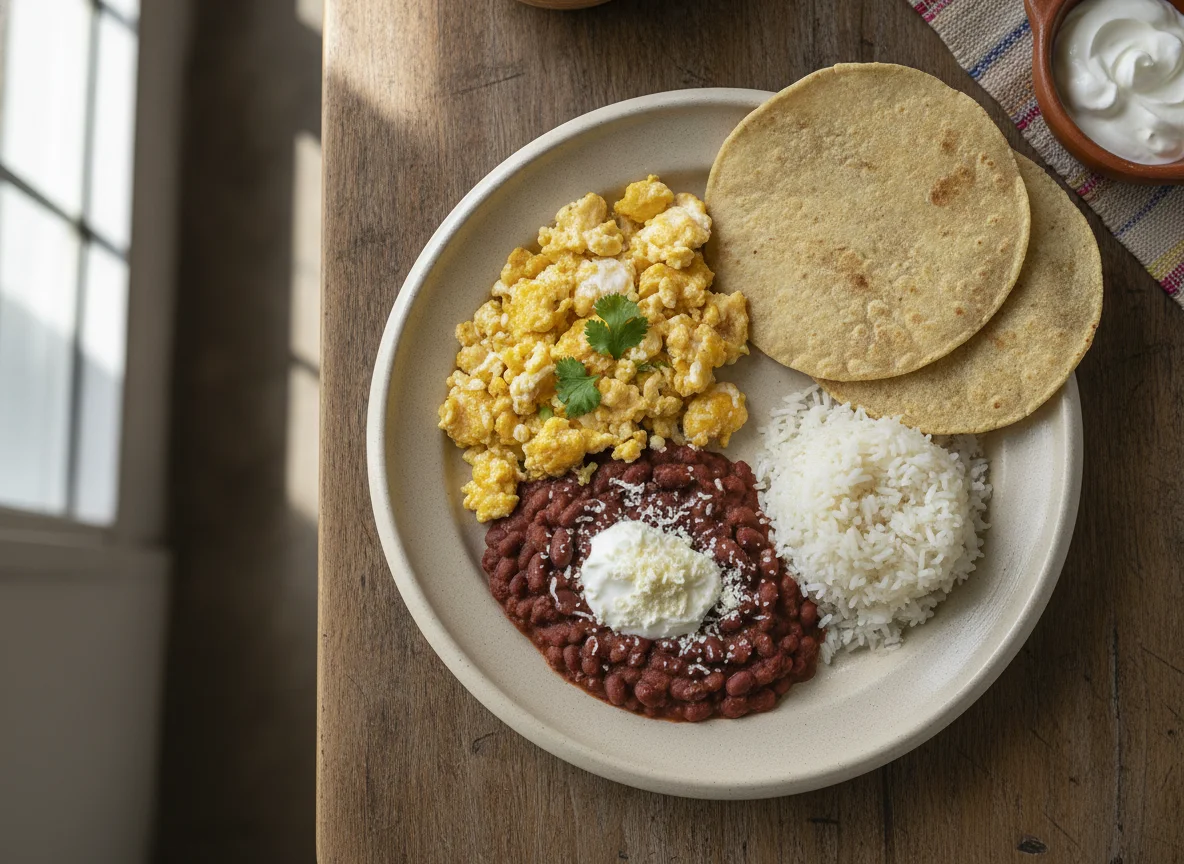 Desayuno típico con huevos revueltos, frijoles y tortillas photo