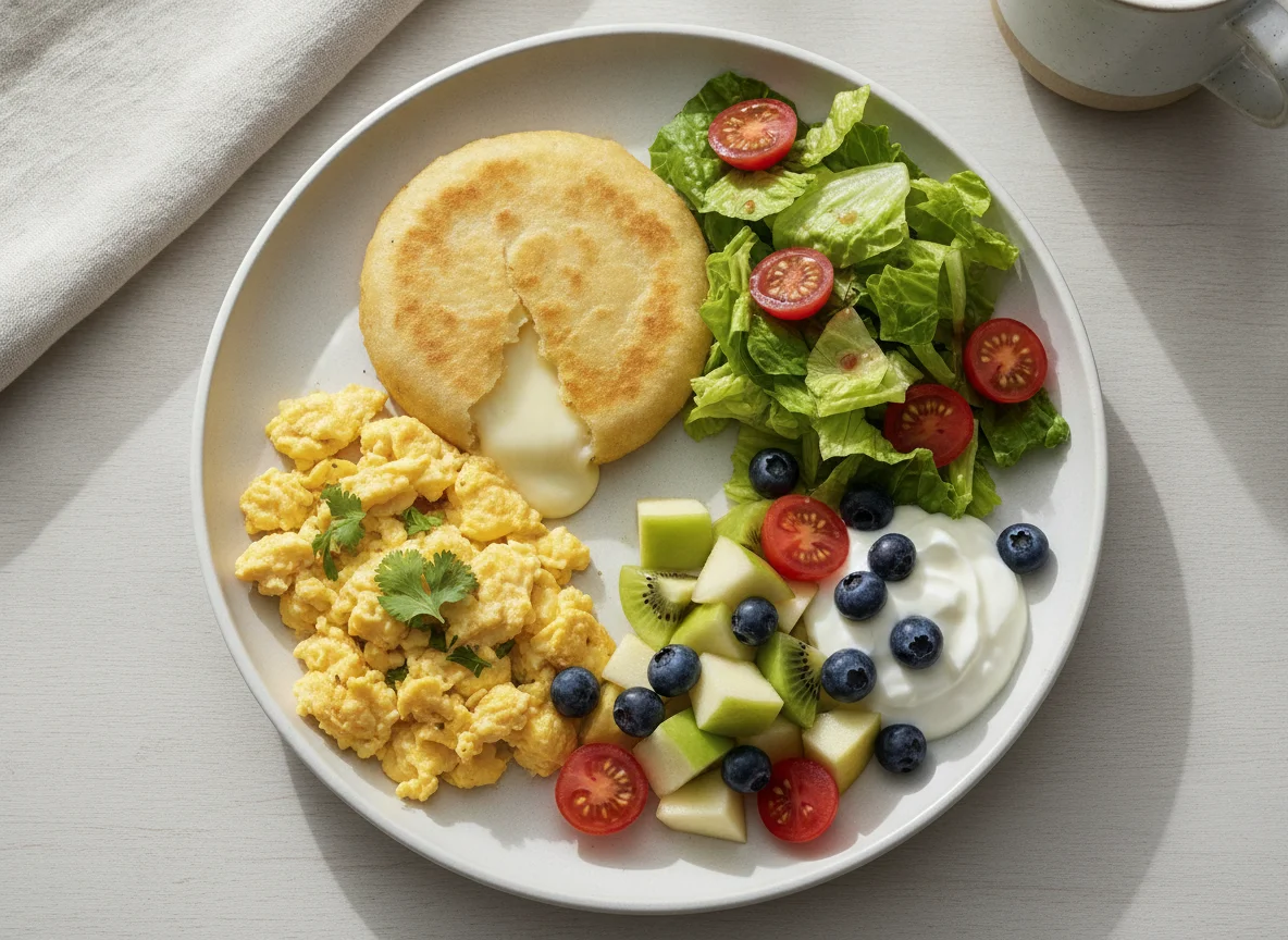 Desayuno típico con huevos revueltos, pupusa y ensalada de frutas photo